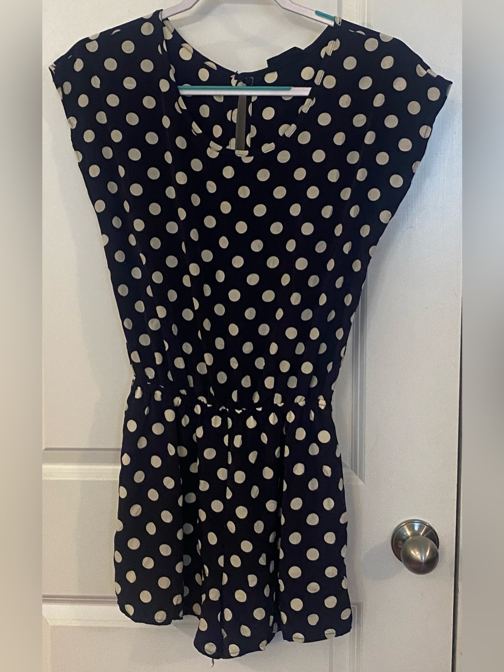 Peach Love California Romper Sz S Navy Blue w/White Polka Dots Lined
